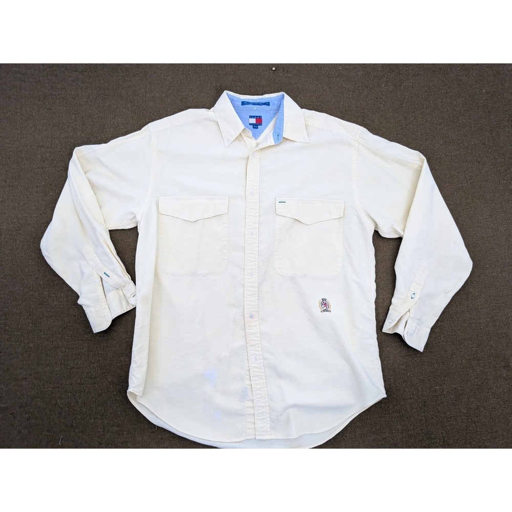 Vintage 90s Tommy Hilfiger Mens Light Yellow Tag Crest Long Sleeve Size L Read